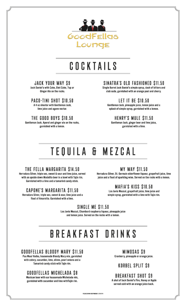 Menus Goodfellas Lounge Bar